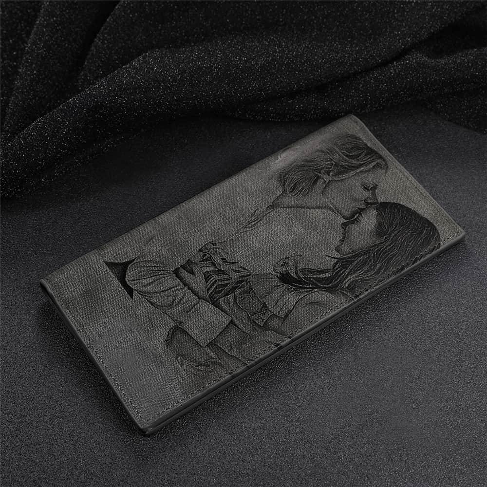 Men's Long Style Bifold Custom Inscription Photo Engraved Wallet - Grey Leather - soufeelus