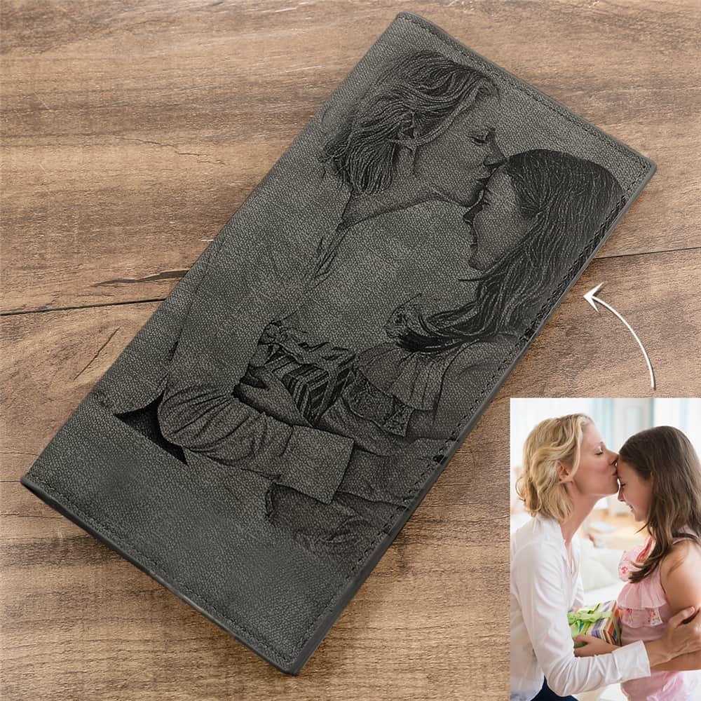 Men's Long Style Bifold Custom Inscription Photo Engraved Wallet - Grey Leather - soufeelus