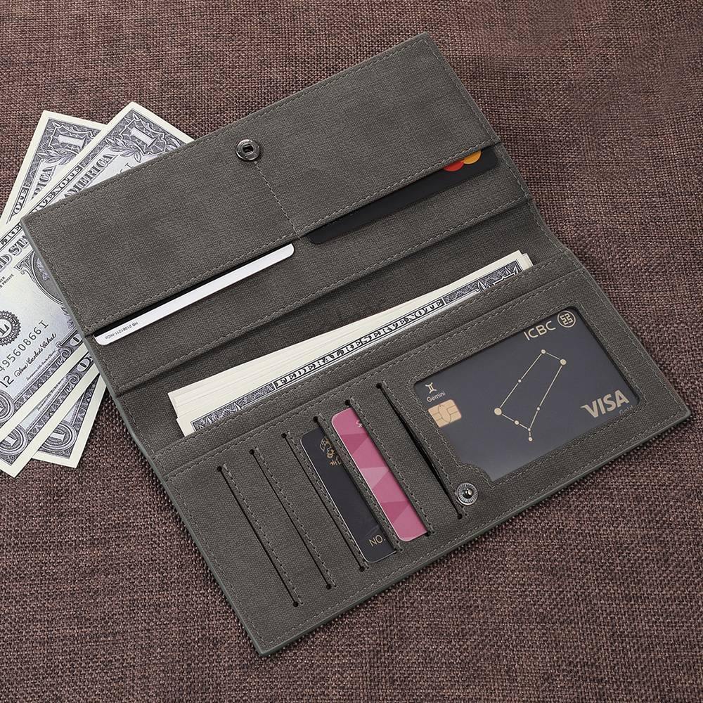 Men's Long Style Bifold Custom Inscription Photo Wallet - Grey Leather - soufeelus