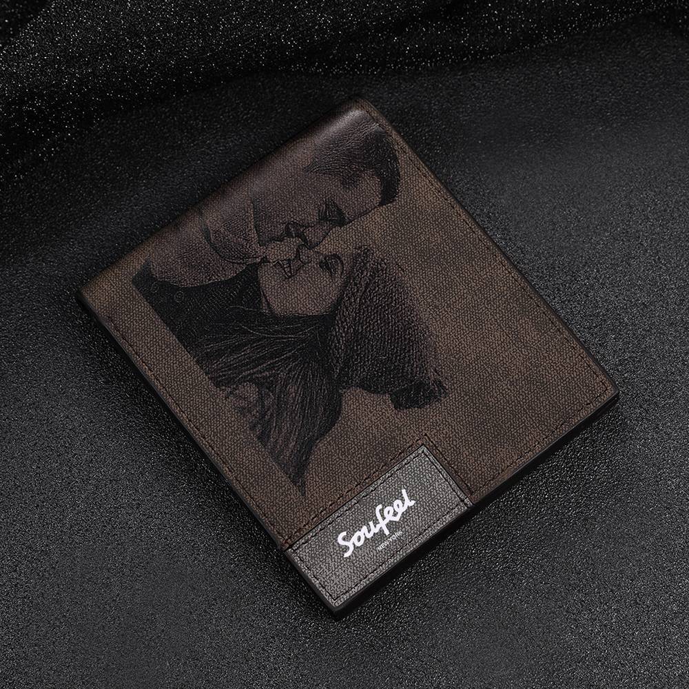 Men's Bifold Custom Inscription Photo Engraved Wallet - Grey Leather Gift for Family