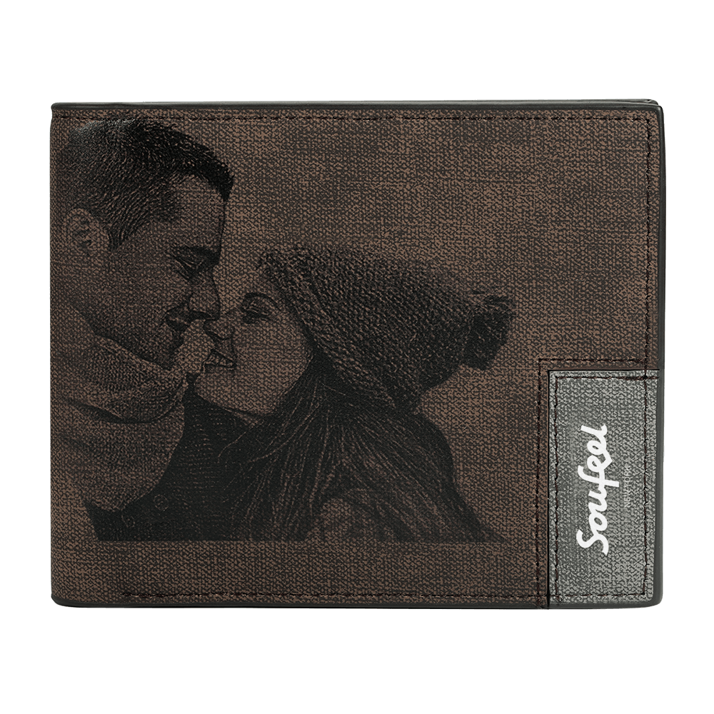 Men's Bifold Custom Inscription Photo Engraved Wallet - Coffee Leather Gift for Men - soufeelus