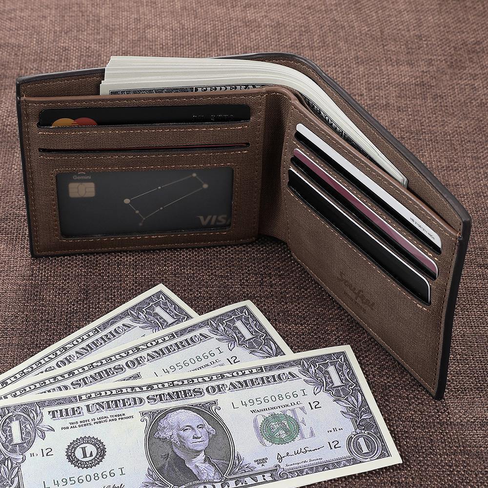 Men's Bifold Custom Inscription Photo Wallet Two Pictures - Coffee Leather