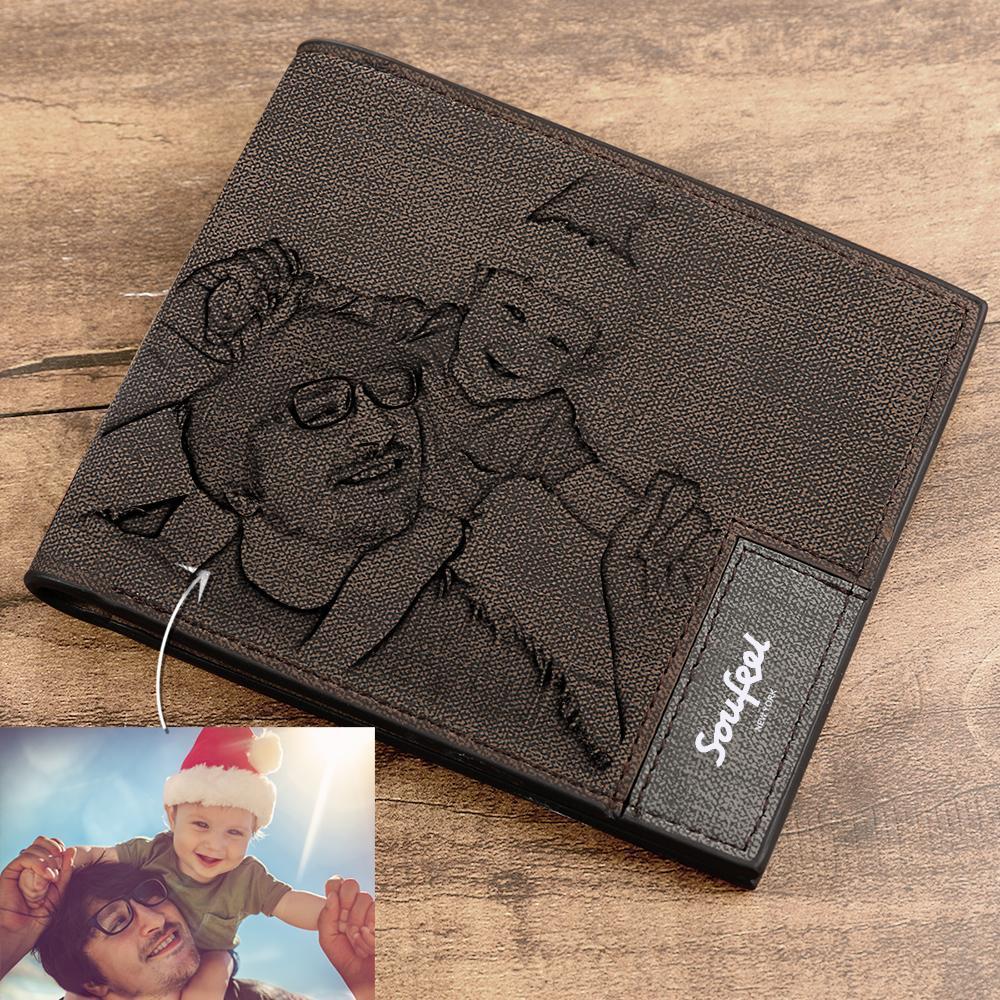 Men's Bifold Custom Inscription Photo Engraved Wallet - Coffee Leather Christmas Gifts for Men