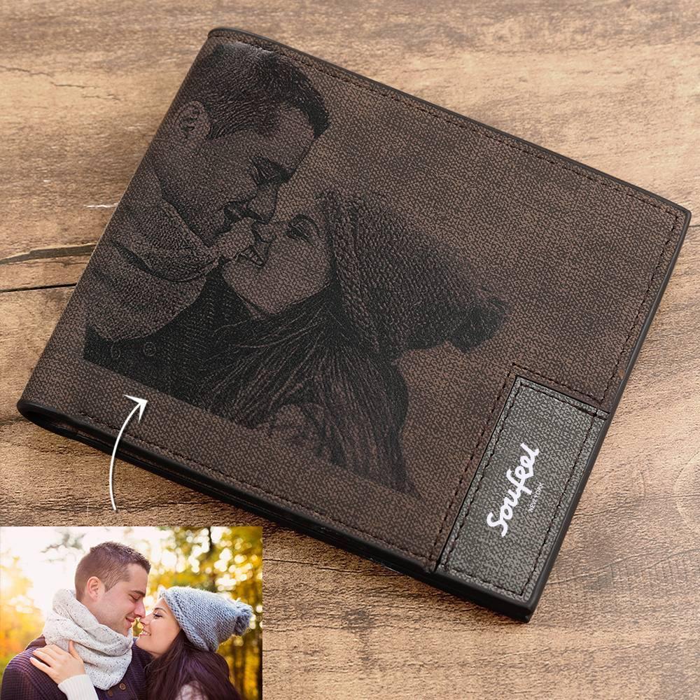 Men's Bifold Custom Inscription Photo Engraved Wallet - Blue Leather