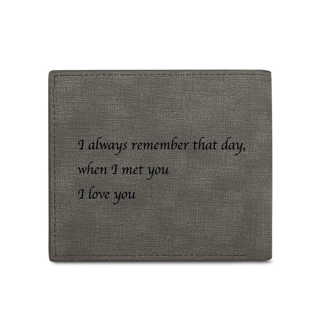 Men's Bifold Custom Inscription Photo Engraved Wallet - Grey Leather Gift for Men - soufeelus