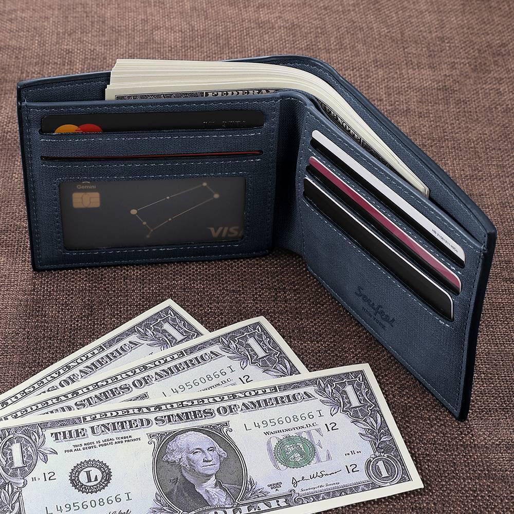 Men's Bifold Custom Inscription Photo Wallet - Blue Leather Gift for Men - soufeelus