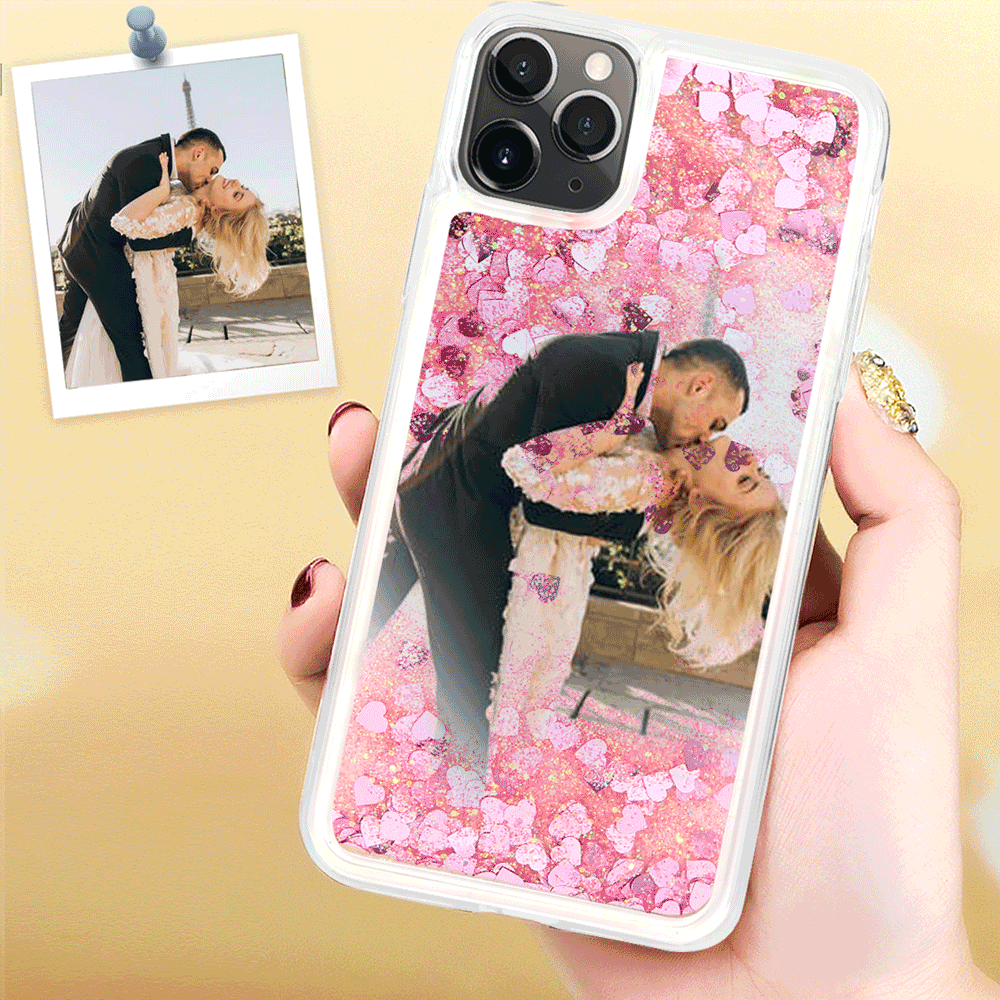 Custom Quicksand Photo Protective Phone Case Soft Shell Pink Heart - iPhone 11 Pro - soufeelus