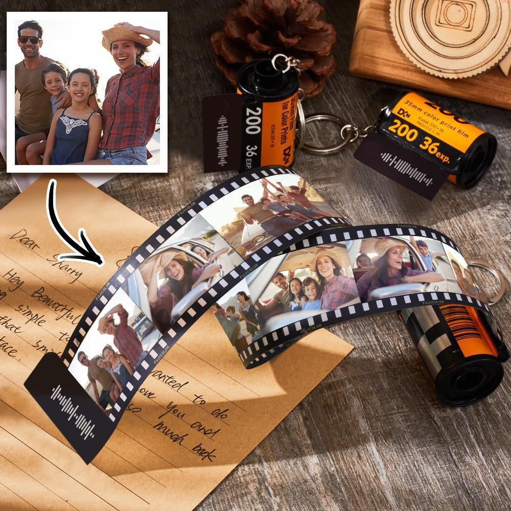 Scannable Music Code Camera Roll Keychain Music Photo Engraved Film Keychain Gifts for Him Green Color 15 Pics