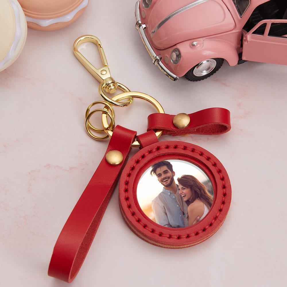 Photo Keychain Colorful Picture Unique Design Couple's Gifts with Red Leather - soufeelus