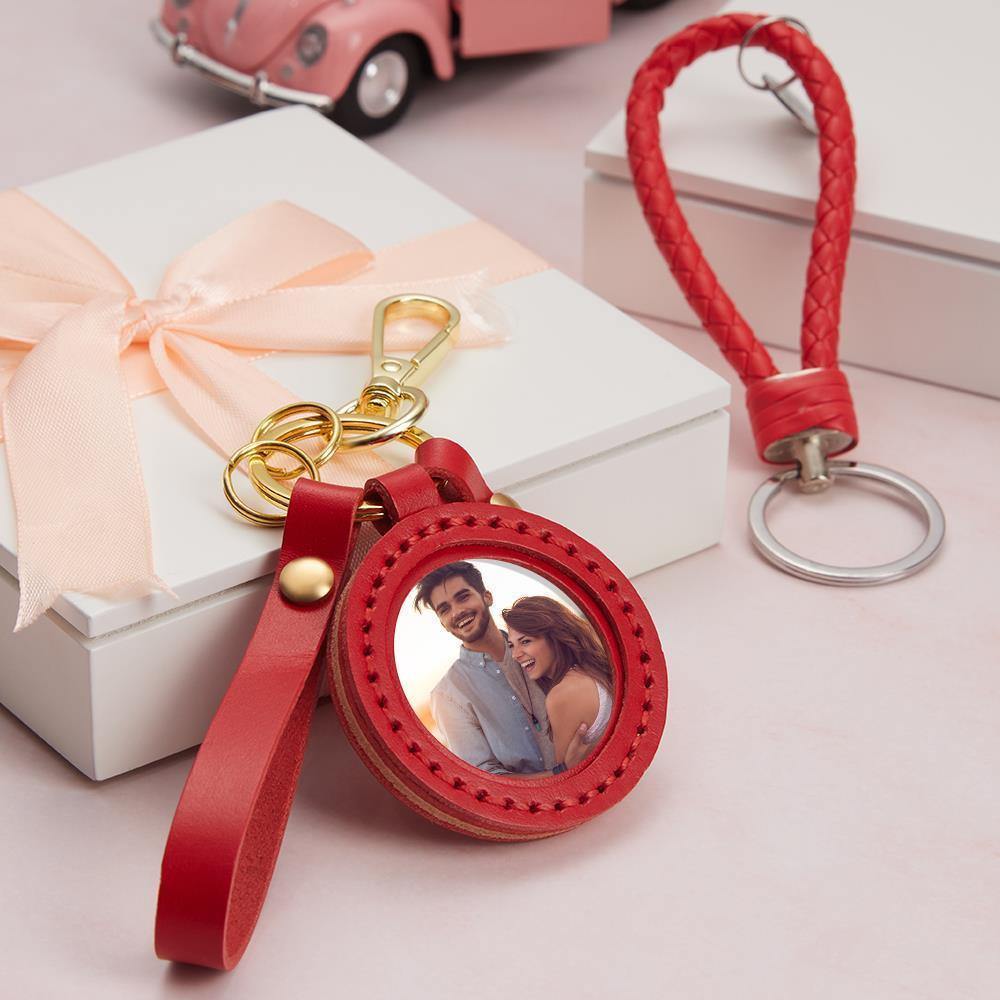 Photo Keychain Colorful Picture Unique Design Couple's Gifts with Red Leather - soufeelus