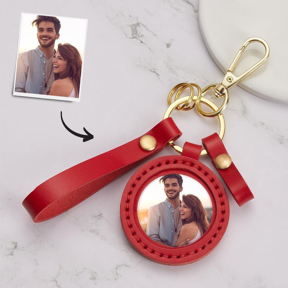 Photo Keychain Colorful Picture Unique Design Couple's Gifts with Red Leather - soufeelus