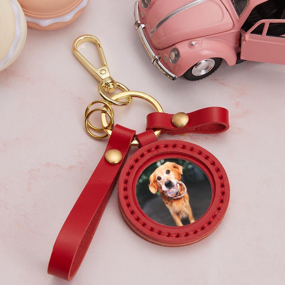 Photo Keychain Colorful Picture Unique Design Memorial Pet with Red Leather - soufeelus