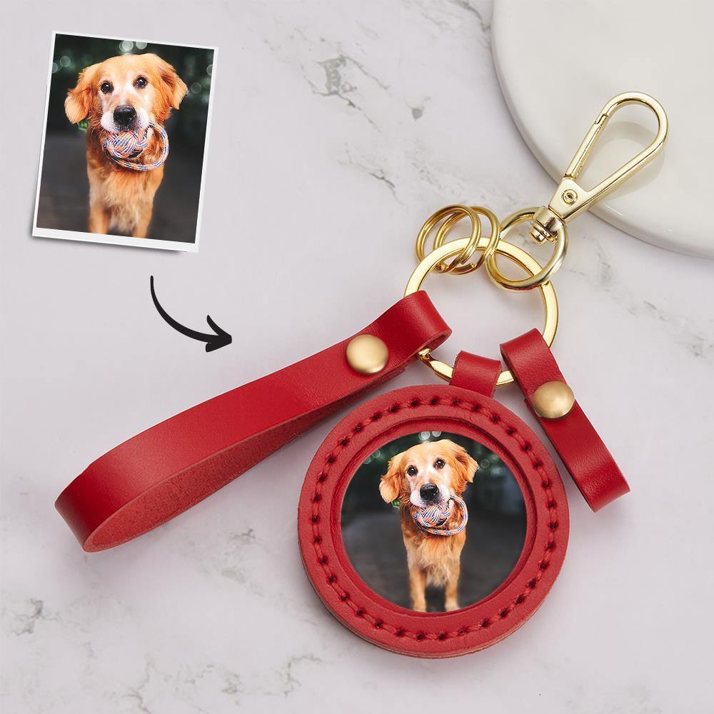 Photo Keychain Colorful Picture Unique Design Memorial Pet with Red Leather - soufeelus