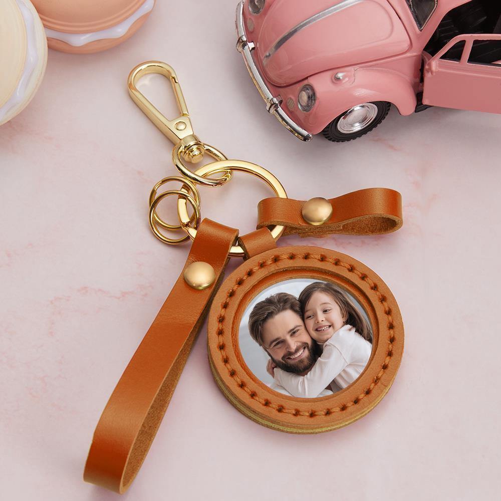 Photo Keychain Colorful Picture Unique Design Father's Gifts with Orange Leather - soufeelus