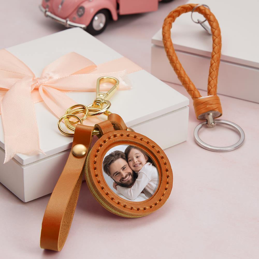 Photo Keychain Colorful Picture Unique Design Father's Gifts with Orange Leather - soufeelus