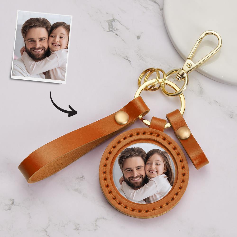 Photo Keychain Colorful Picture Unique Design Father's Gifts with Orange Leather - soufeelus