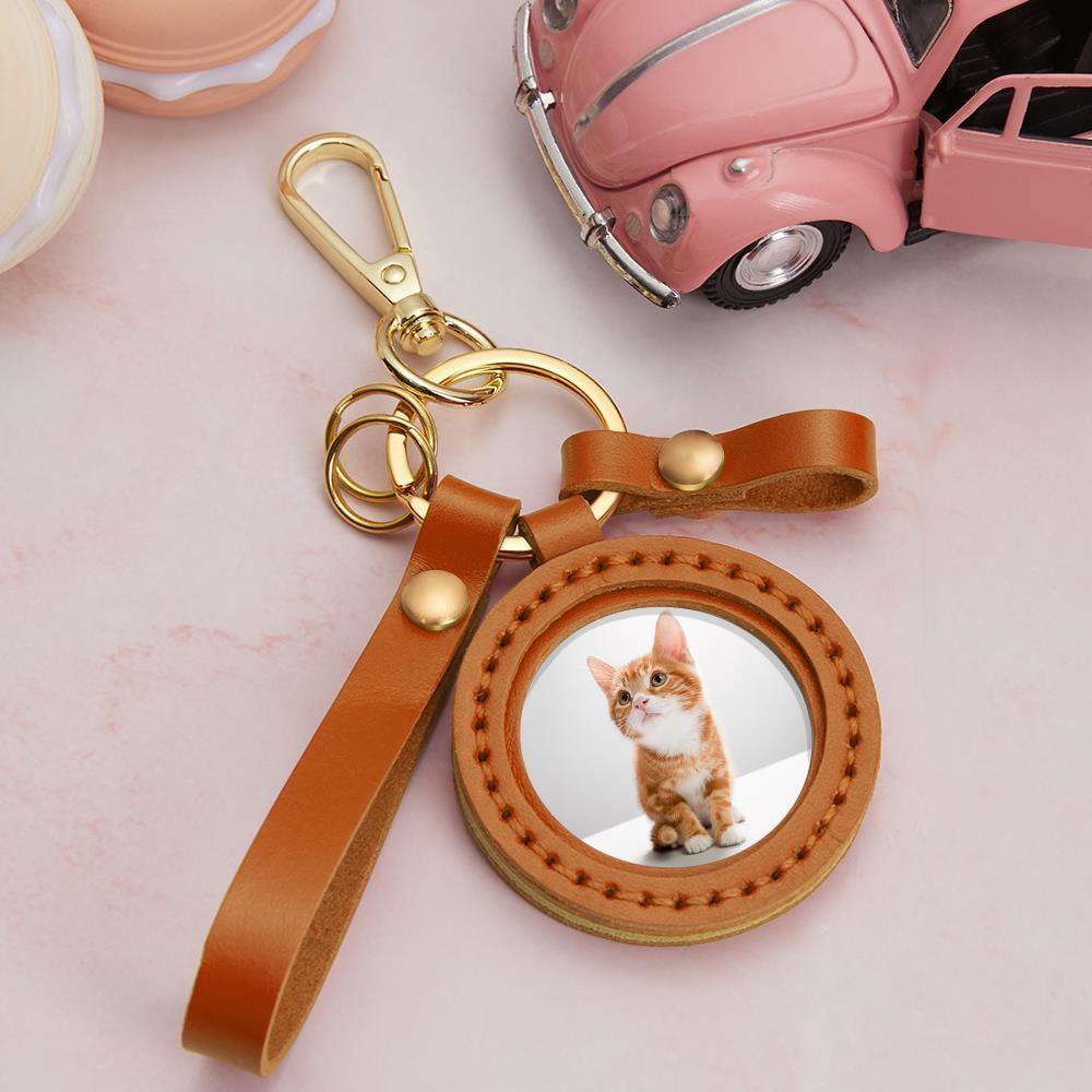 Photo Keychain Colorful Picture Unique Design Cute Pet with Orange Leather - soufeelus
