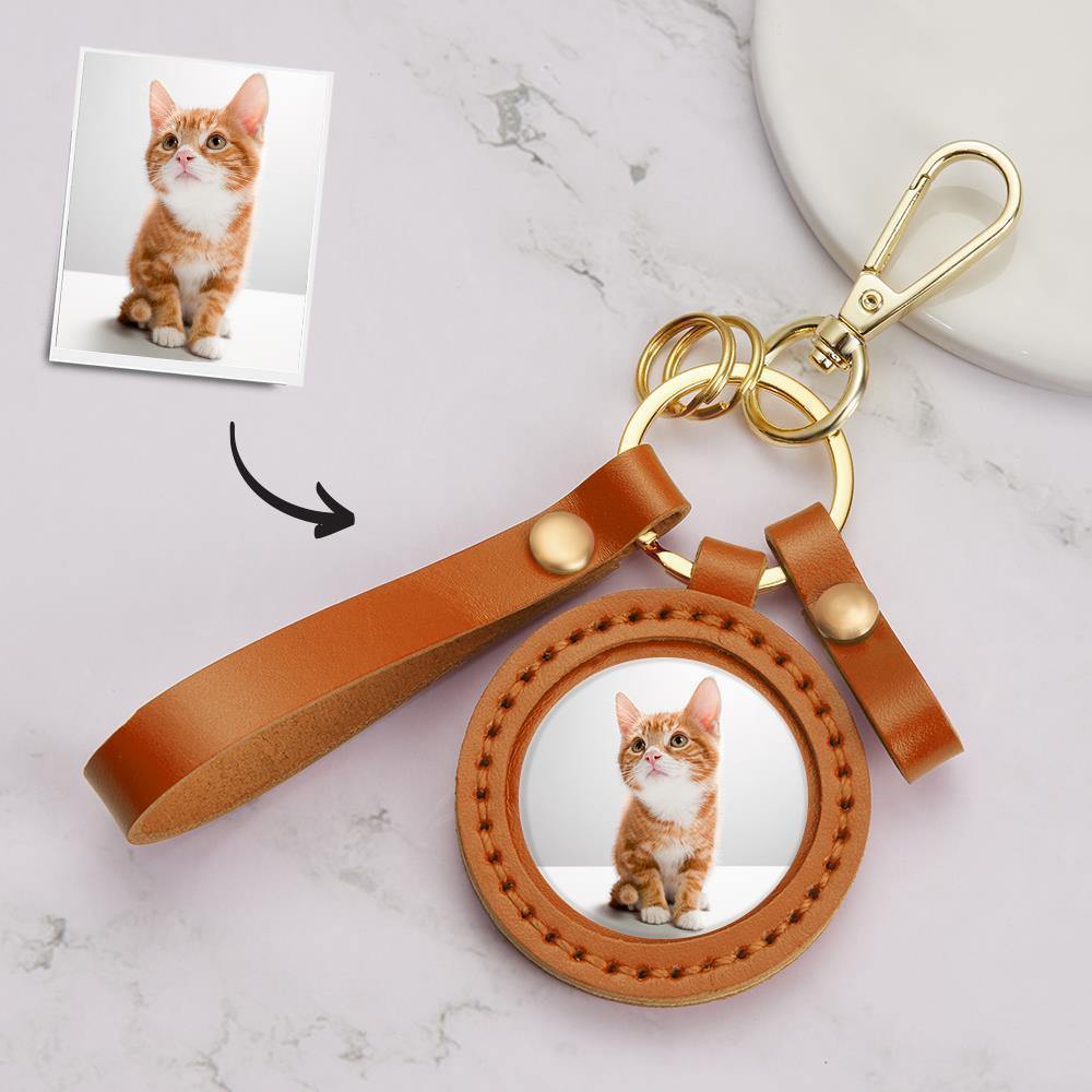Photo Keychain Colorful Picture Unique Design Cute Pet with Orange Leather - soufeelus