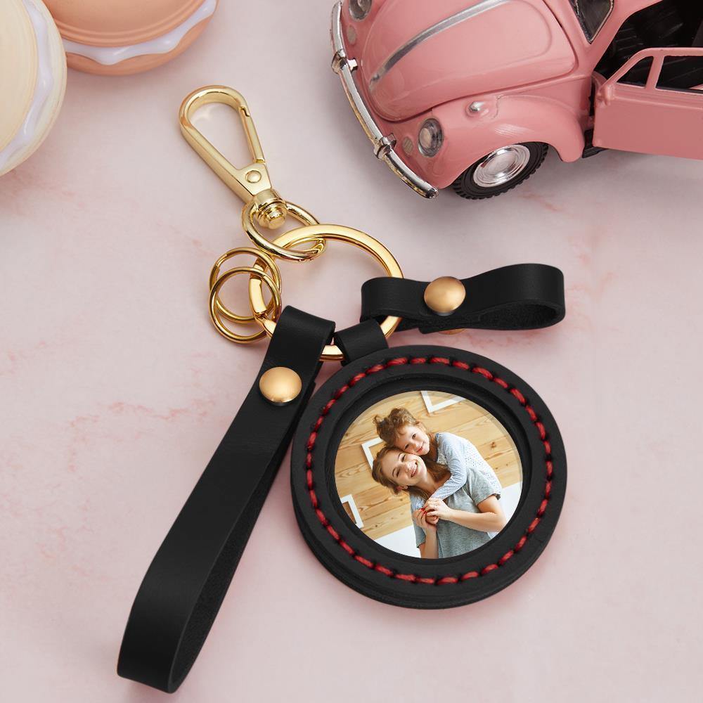 Custom Photo Keychain Colorful Picture Unique Design for Mom with Black Leather - soufeelus