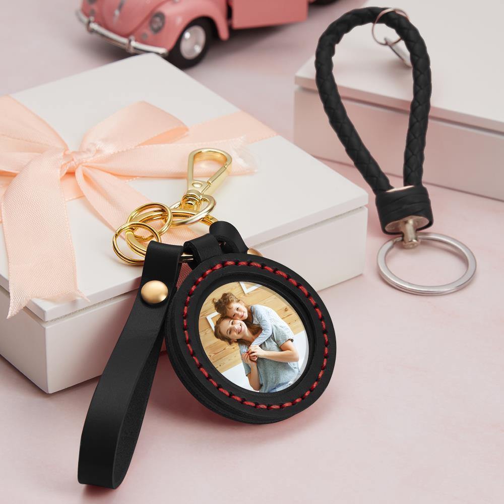 Custom Photo Keychain Colorful Picture Unique Design for Mom with Black Leather - soufeelus