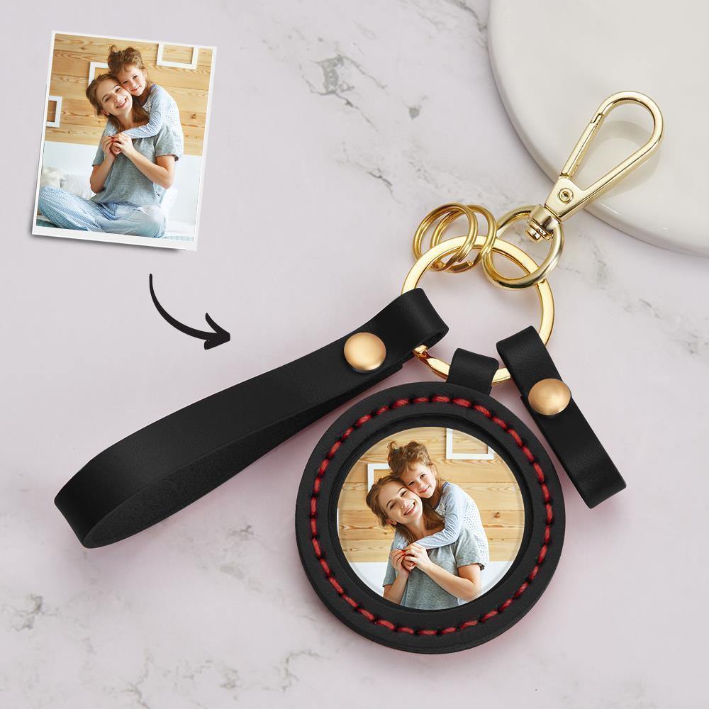 Custom Photo Keychain Colorful Picture Unique Design for Mom with Black Leather - soufeelus