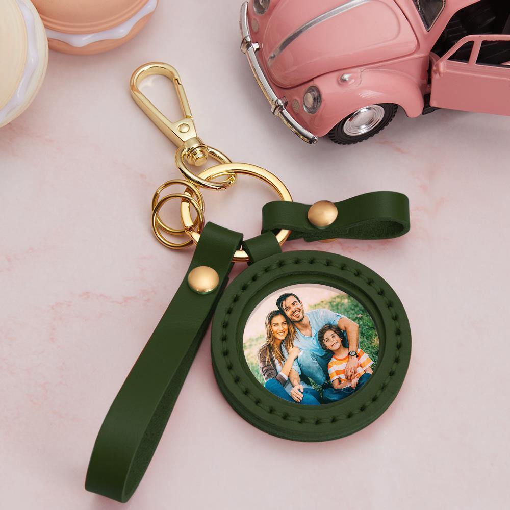 Custom Photo Keychain Colorful Picture Unique Design Family Gifts with Green Leather - soufeelus
