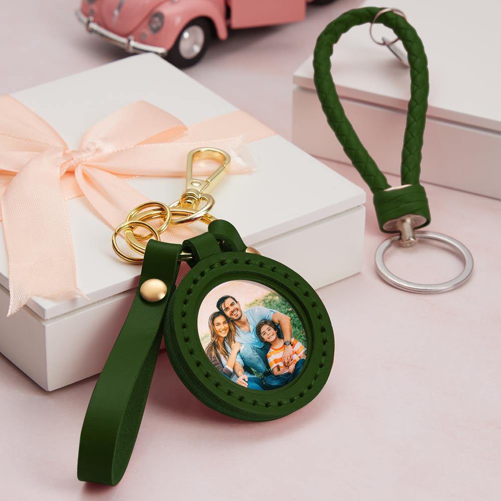 Custom Photo Keychain Colorful Picture Unique Design Family Gifts with Green Leather - soufeelus