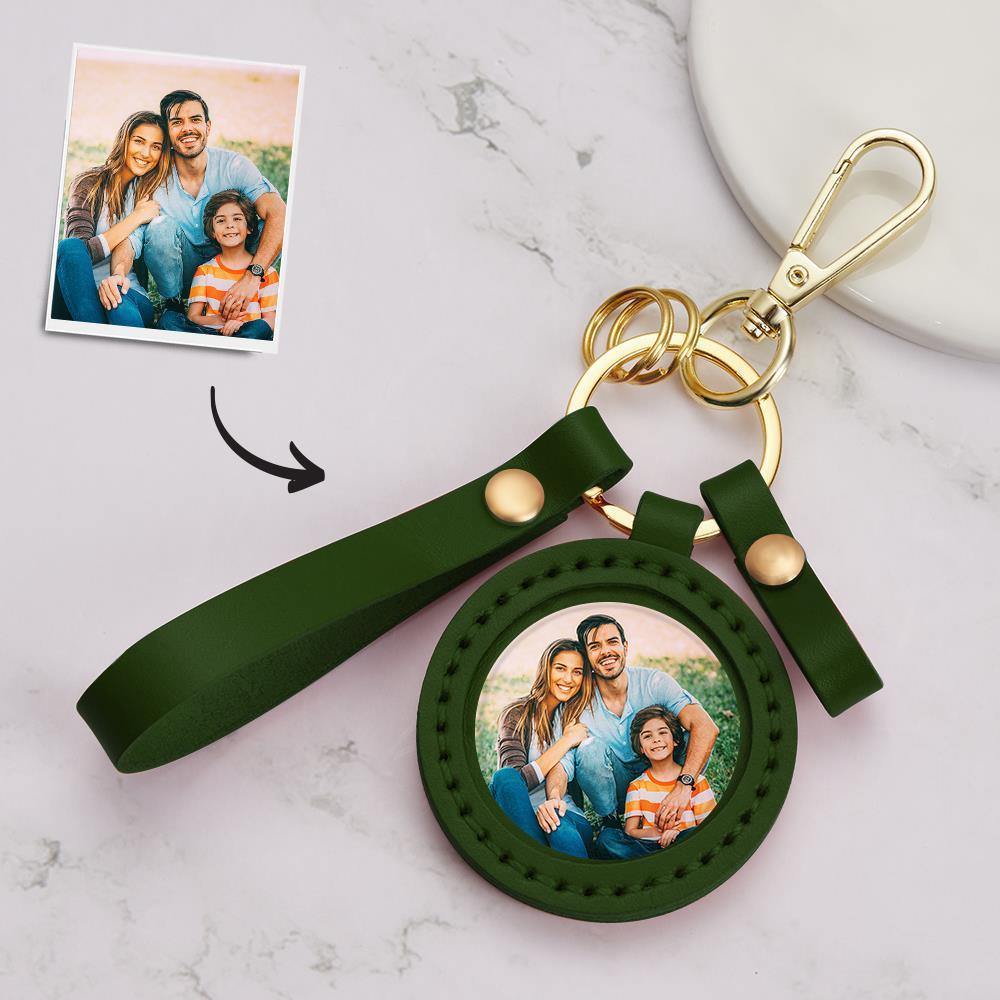 Custom Photo Keychain Colorful Picture Unique Design Family Gifts with Green Leather - soufeelus