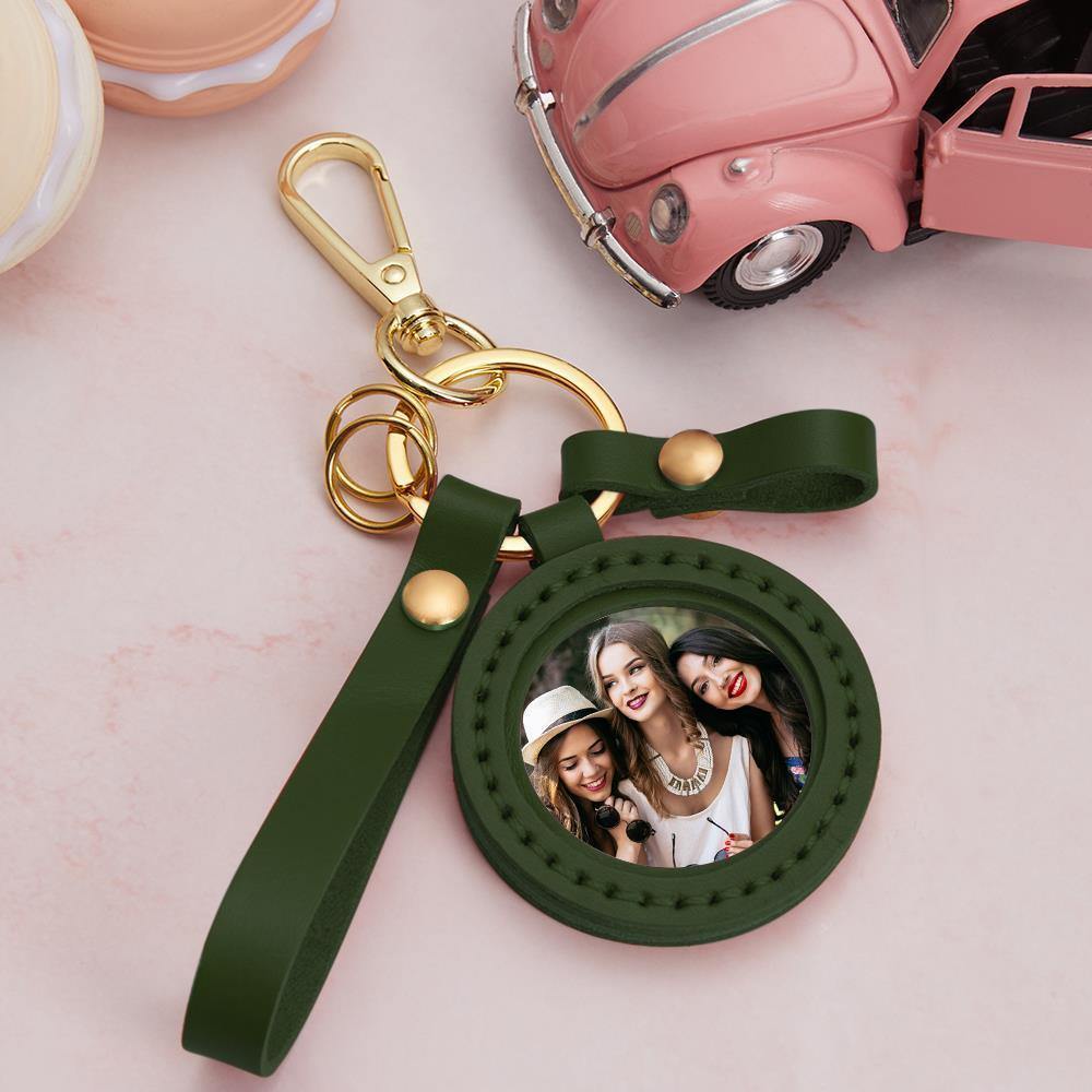 Photo Keychain Colorful Picture Creative Gifts for Best Friends with Green Leather - soufeelus