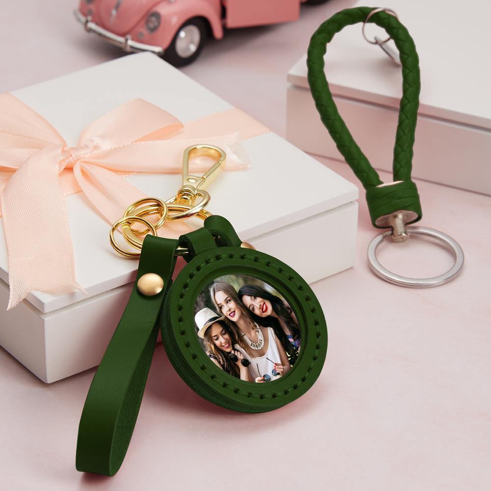 Photo Keychain Colorful Picture Creative Gifts for Best Friends with Green Leather - soufeelus