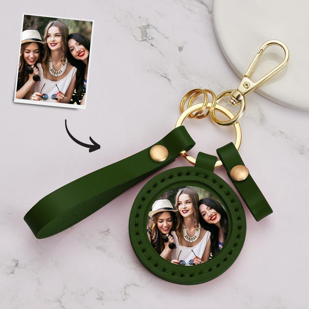 Photo Keychain Colorful Picture Creative Gifts for Best Friends with Green Leather - soufeelus