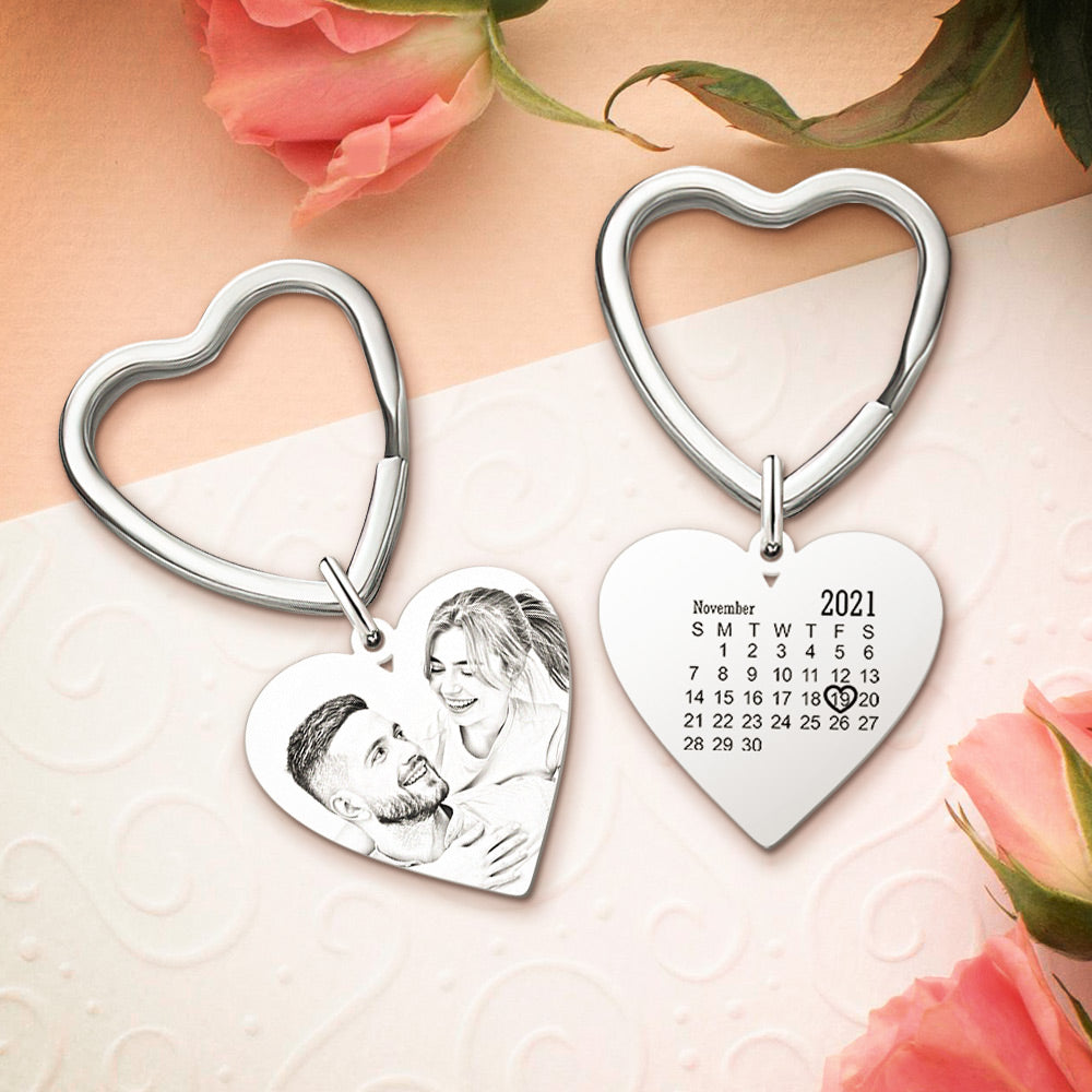 Custom Calendar Photo Keychain Heart Engraved Keyring Anniversary Memorial Gift - 