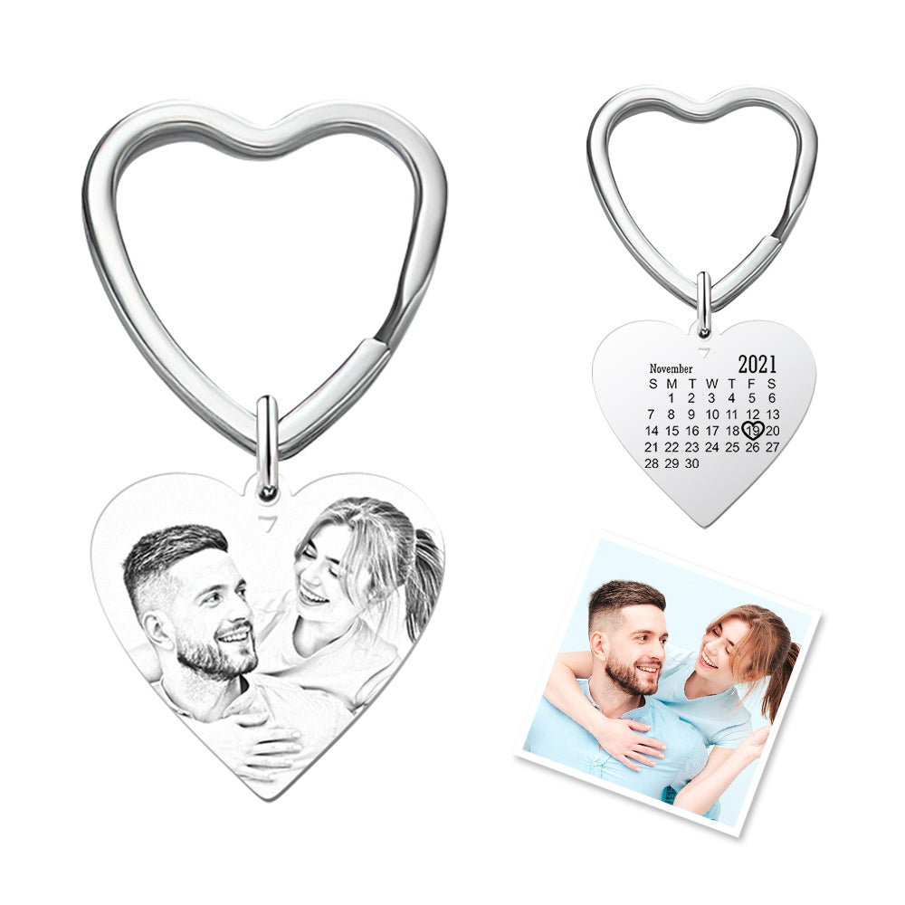 Custom Calendar Photo Keychain Heart Engraved Keyring Anniversary Memorial Gift - 
