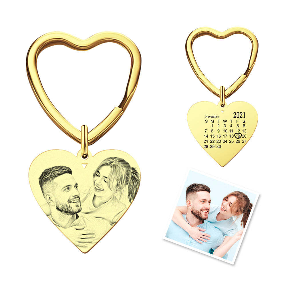 Custom Calendar Photo Keychain Heart Engraved Keyring Anniversary Memorial Gift -