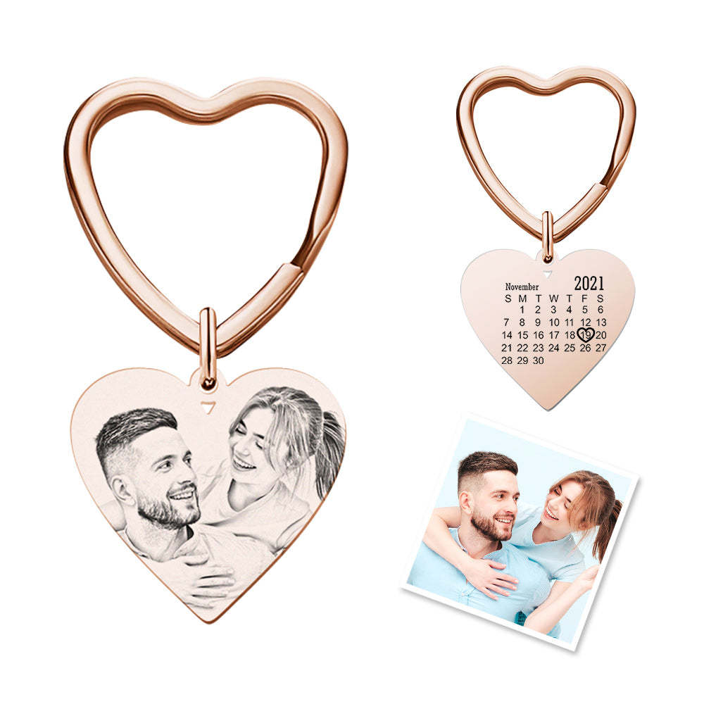 Custom Calendar Photo Keychain Heart Engraved Keyring Anniversary Memorial Gift -