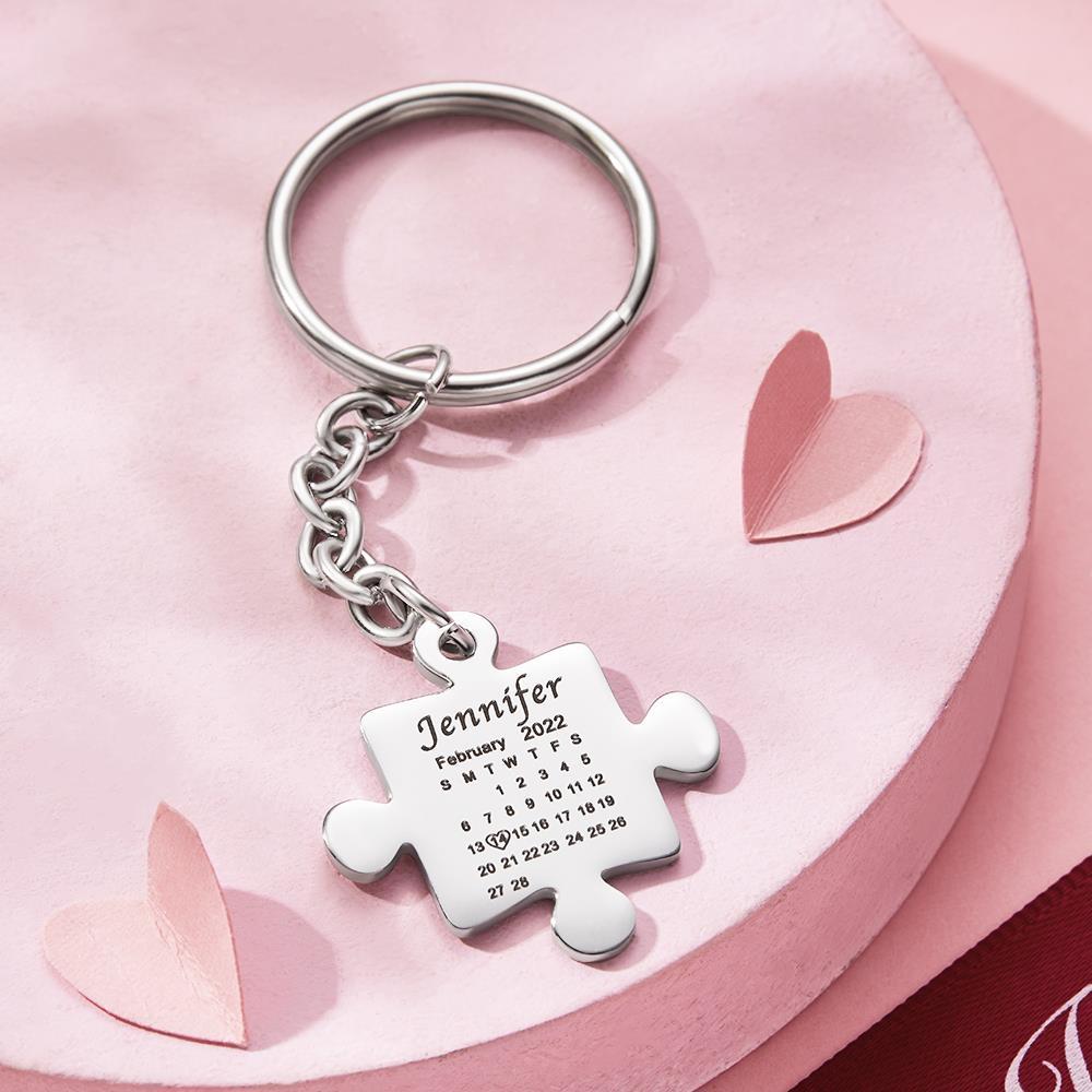 Custom Calendar Keychain Engraved Puzzle Keychain Anniversary Gift for Couple - 