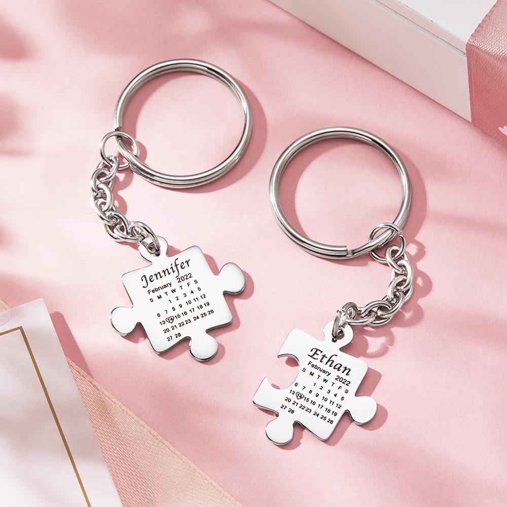 Custom Calendar Keychain Engraved Puzzle Keychain Anniversary Gift for Couple - 