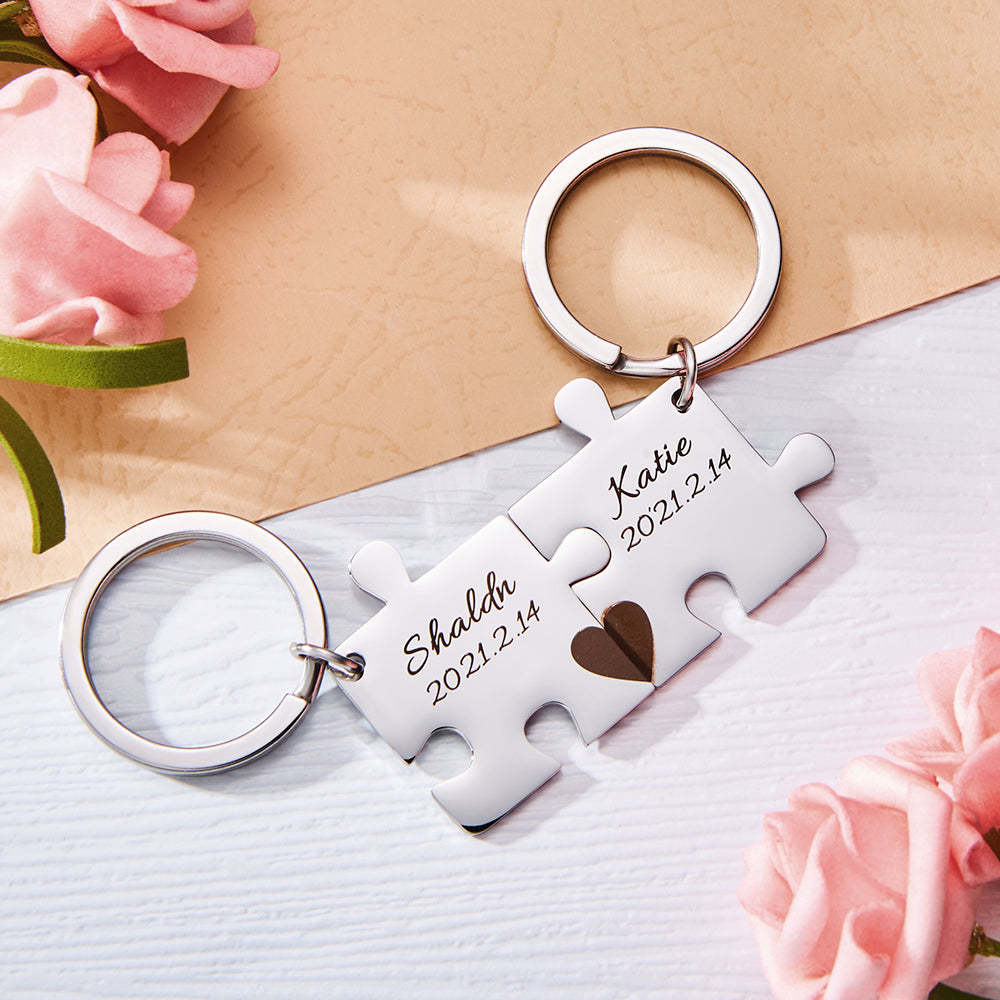 Custom Engraved Couple Keychain Set Personalized Puzzle Key Ring Valentine's Day Gifts - 