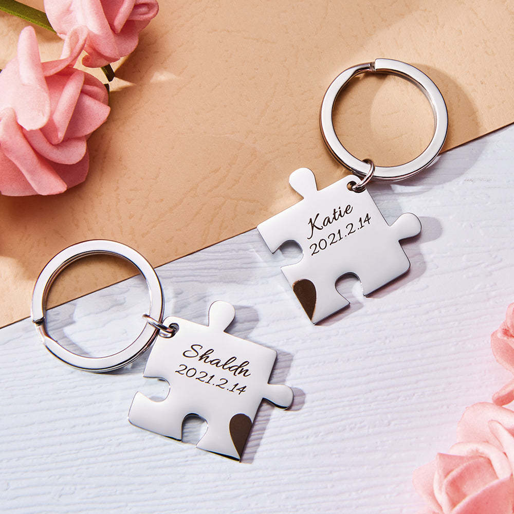 Custom Engraved Couple Keychain Set Personalized Puzzle Key Ring Valentine's Day Gifts - 