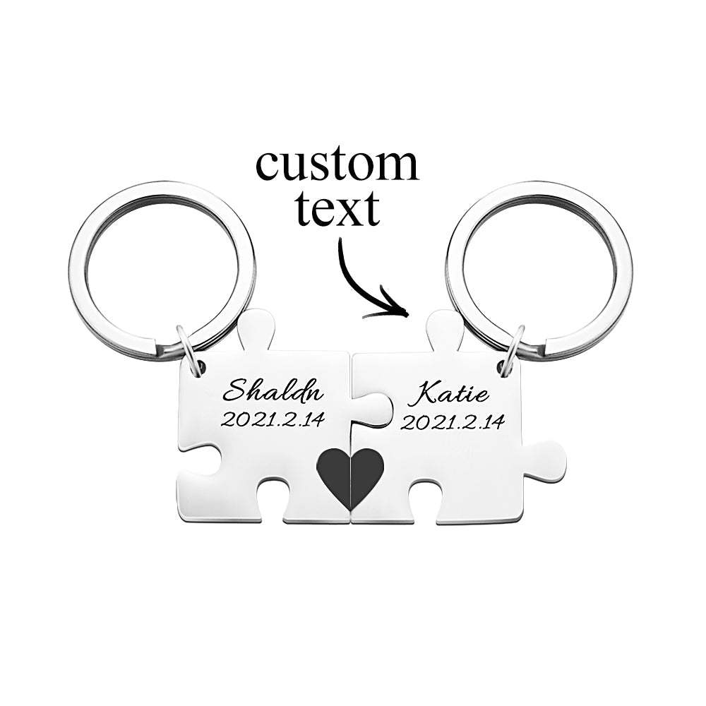 Custom Engraved Couple Keychain Set Personalized Puzzle Key Ring Valentine's Day Gifts - 