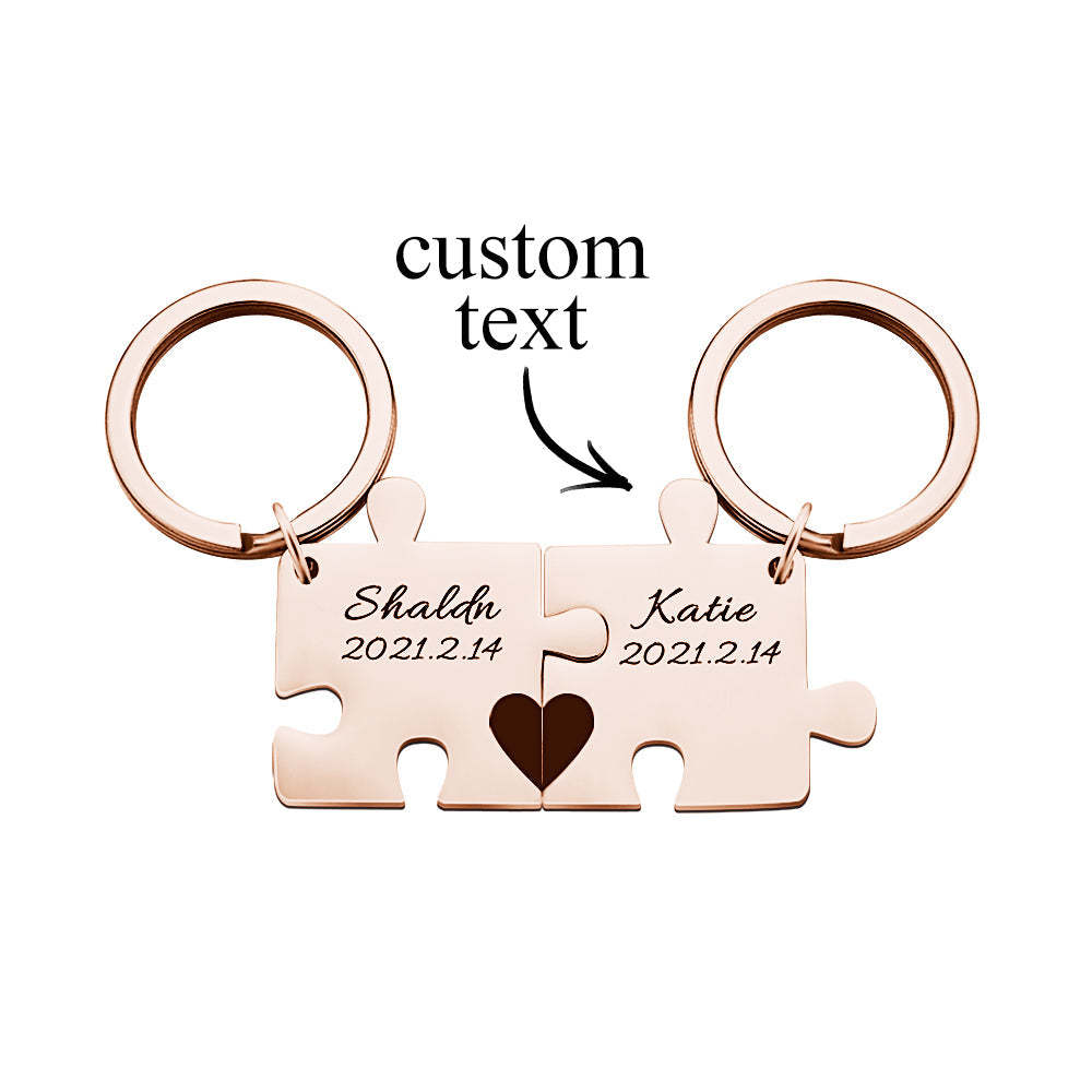 Custom Engraved Couple Keychain Set Personalized Puzzle Key Ring Valentine's Day Gifts - 