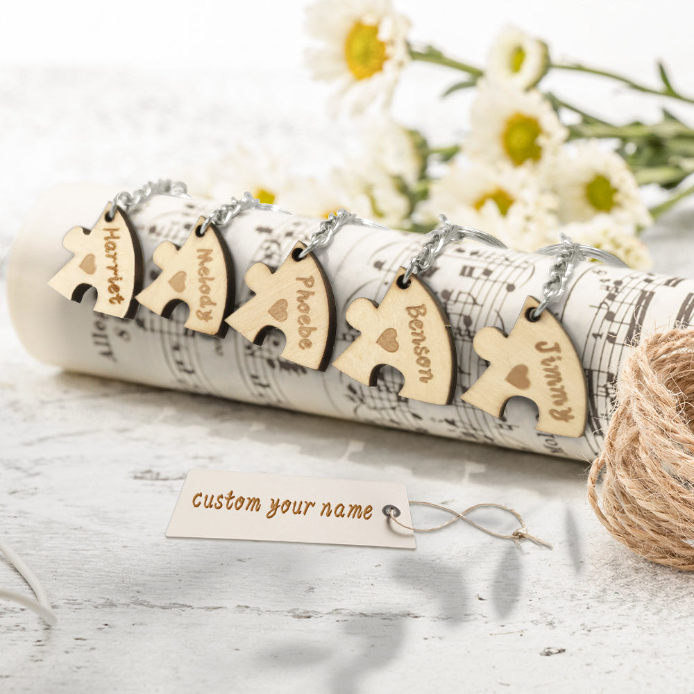 Personalized Puzzle Keychain Set Engraved 5 Pieces Jigsaw Keychain Wooden Key Ring - 