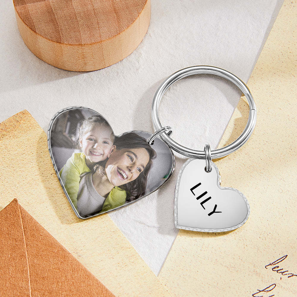 Custom Heart Photo Text Keychain with Small Heart Pendant Mother's Day Gifts - soufeelus