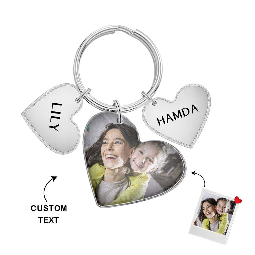 Custom Heart Photo Text Keychain with Small Heart Pendant Mother's Day Gifts - soufeelus