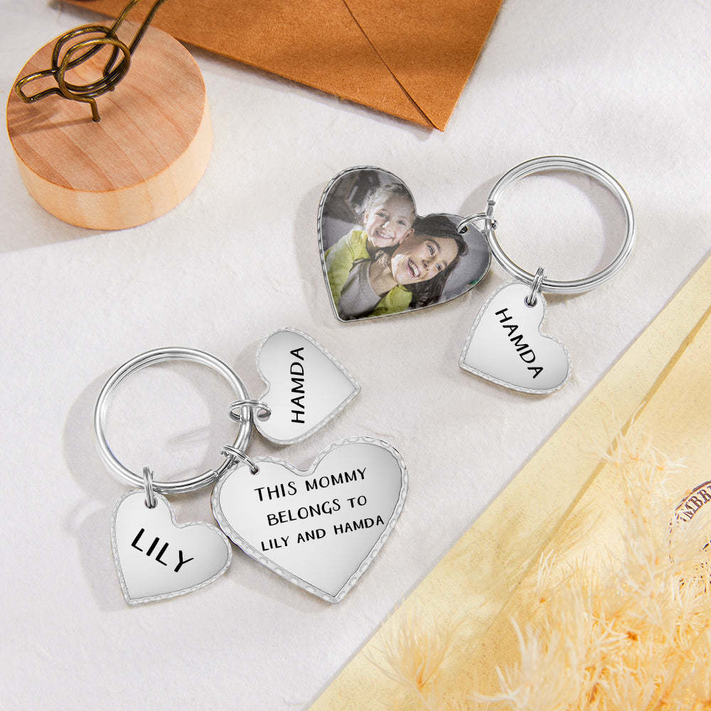 Custom Heart Photo Text Keychain with Small Heart Pendant Mother's Day Gifts - soufeelus