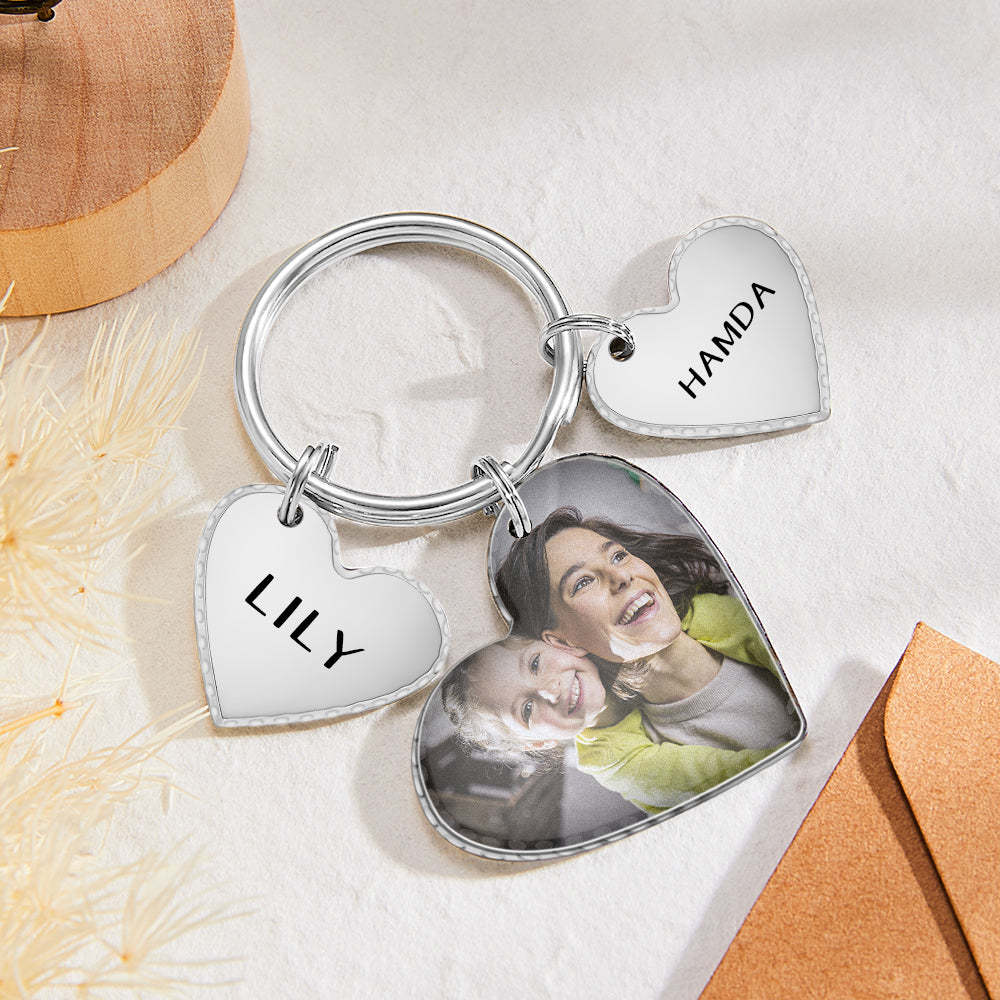 Custom Heart Photo Text Keychain with Small Heart Pendant Mother's Day Gifts - soufeelus