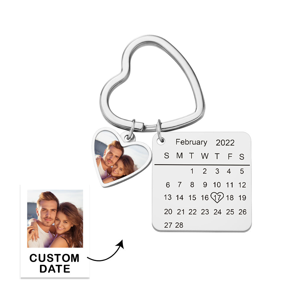 Custom Photo Calendar Keychain Heart Pendant Key Ring Save the Date for Couples - soufeelus