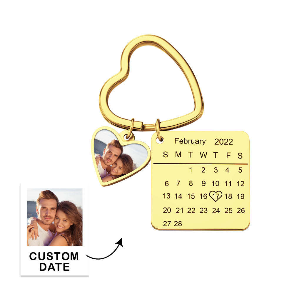 Custom Photo Calendar Keychain Heart Pendant Key Ring Save the Date for Couples - soufeelus