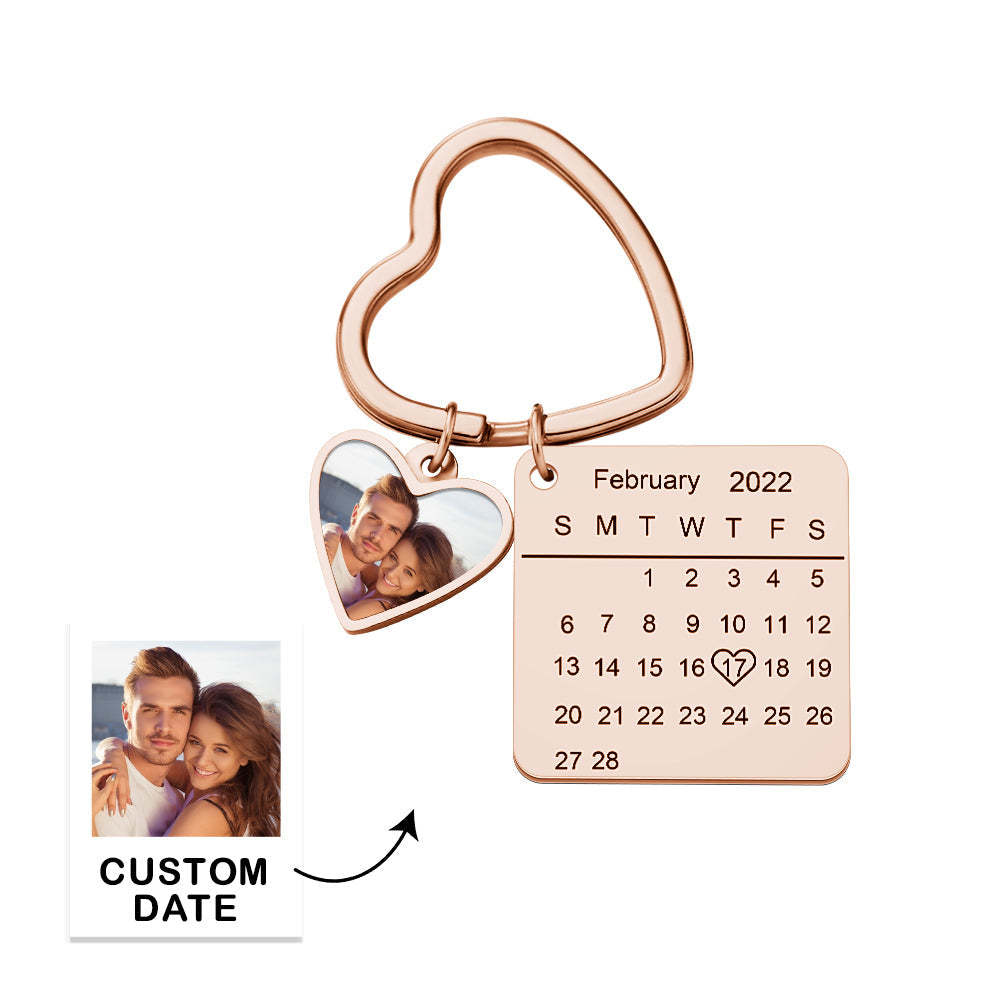 Custom Photo Calendar Keychain Heart Pendant Key Ring Save the Date for Couples - soufeelus