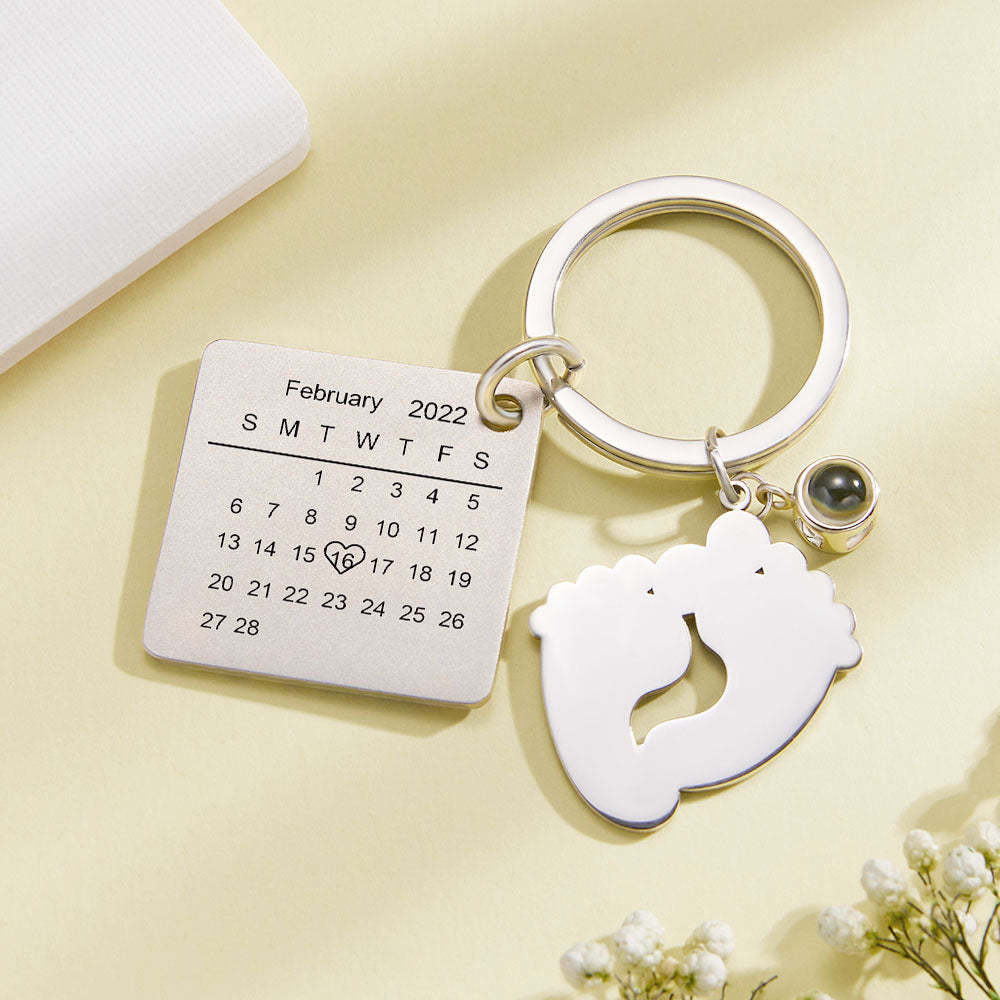 Custom Photo Projection Date Keychain Personalized Calendar Key Ring Newborn Announcement - soufeelus